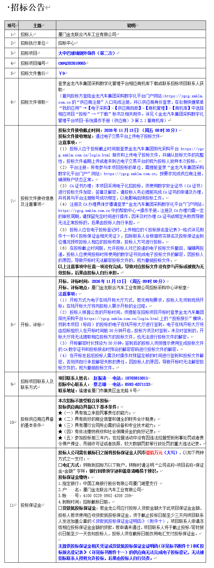 公开招标招标布告-大中巴玻璃钢表饰件（第二次）-2026.10.30